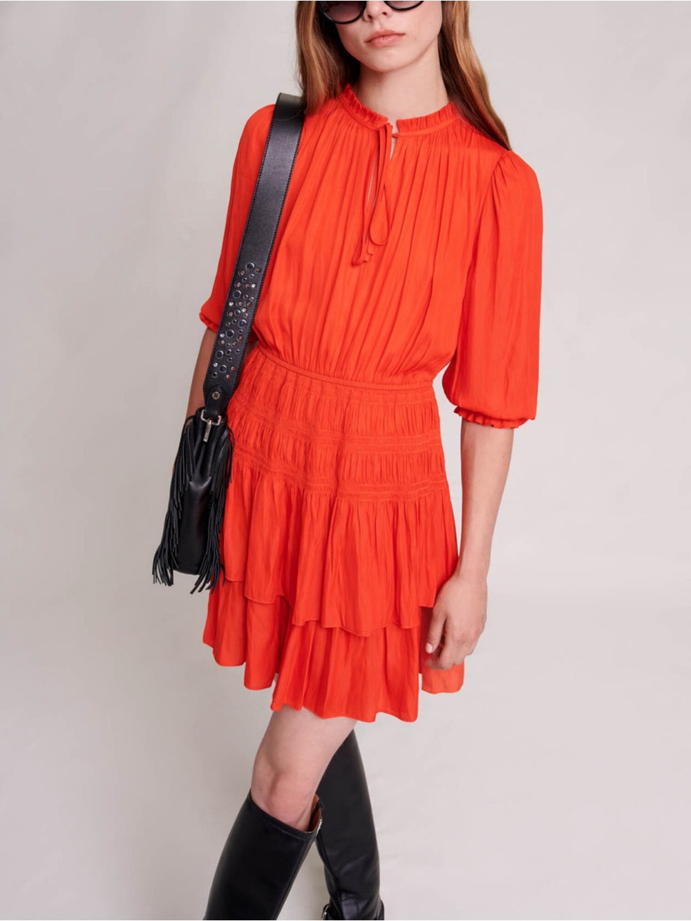 NWT Maje Red Poppy Satin Smocked Ruffle Mini Dress Size 1